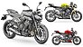 In drei Modellvarianten geht die Street Triple ab nächstem Jahr ins Rennen: Als R (links), als RS (re. unten) sowie in einer limitierten „Moto 2 Edition“ (re. oben).