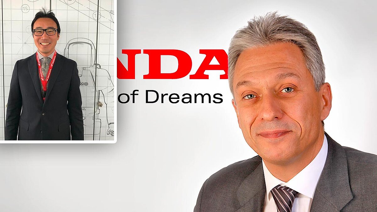 Rudolf Harrer (re.) übergibt das Ruder als Motorradchef von Honda Deutschland an Takao Ito (kl. Foto).