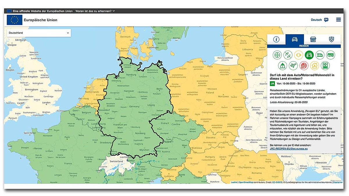 Ein Screenshot der neuen EU-Website für Reisende.