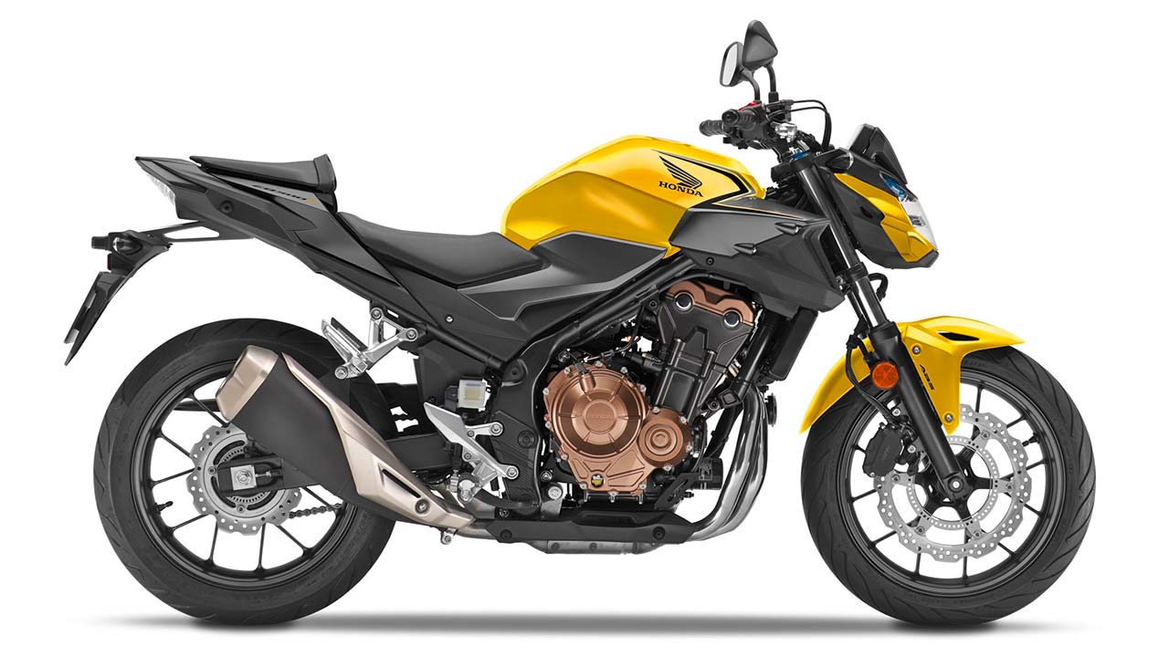 Honda CB500F anno 2021 in der Farbe „Candy Moon Glow Yellow“.