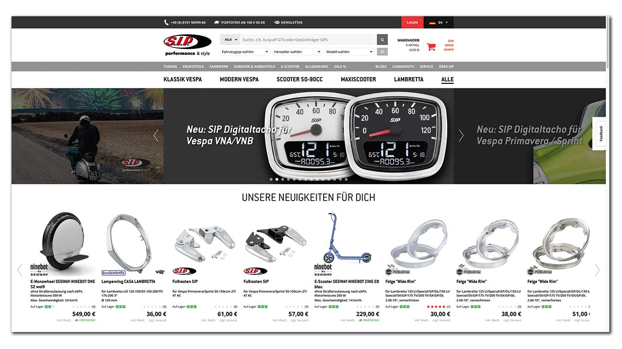 Frischer und luftiger: Ein Screenshot der neuen Website von SIP Scootershop (www.sip-scootershop.com) direkt nach dem Relaunch.